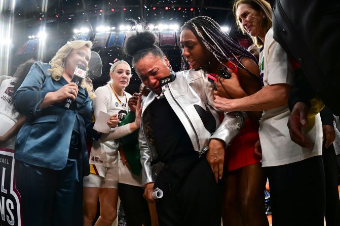 South Carolina coach Dawn Staley cries during a post-game interview.