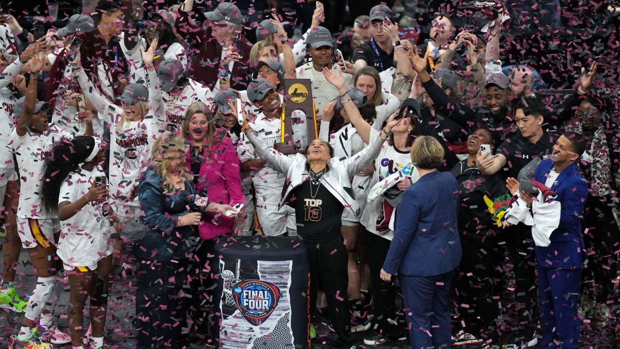 The South Carolina Gamecocks celebrate after beating the Iowa Hawkeyes in the NCAA women's basketball national championship on Sunday, April 7.