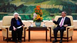 TOPSHOT - US Treasury Secretary Janet Yellen (L) meets with Chinese Premier Li Qiang at the Great Hall of the People in Beijing on April 7, 2024. US Treasury Secretary Janet Yellen and Chinese Premier Li Qiang sounded a hopeful note on bilateral relations at the start of their April 7 meeting in Beijing, as Yellen begins two days of high-level talks in Beijing. (Photo by Tatan Syuflana / POOL / AFP) (Photo by TATAN SYUFLANA/POOL/AFP via Getty Images)