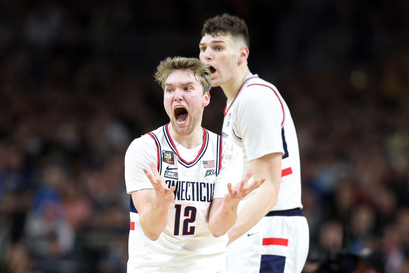 UConn's Cam Spencer celebrates in the second half.