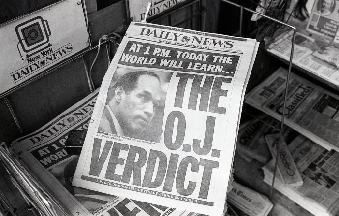 Simpson is seen on the front page of The New York Daily News on October 3, 1995. Later that day, the jury returned a not guilty verdict after less than four hours of deliberations.
