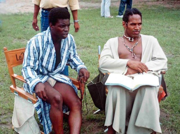 Simpson and LeVar Burton take a break during filming of the hit 1977 television series "Roots."