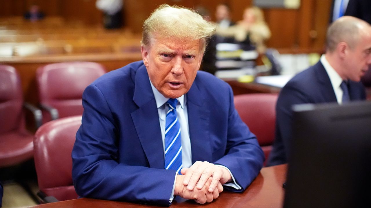 Former President Donald Trump awaits the start of proceedings on the second day of jury selection at Manhattan criminal court, Tuesday, April 16, 2024, in New York. 