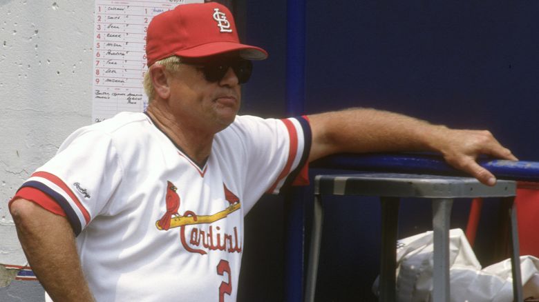 ST. LOUIS, MO - CIRCA 1990: Manager Whitey Herzog #24 of the St. Louis Cardinals looks on from the dugout during a Major League Baseball game circa 1990 at Busch Stadium in St. Louis, Missouri. Herzog managed the Cardinals from 1980-90. (Photo by Focus on Sport/Getty Images)