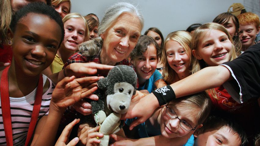 Dr. Jane Goodall with a group of Roots & Shoots members in Salzburg, Austria