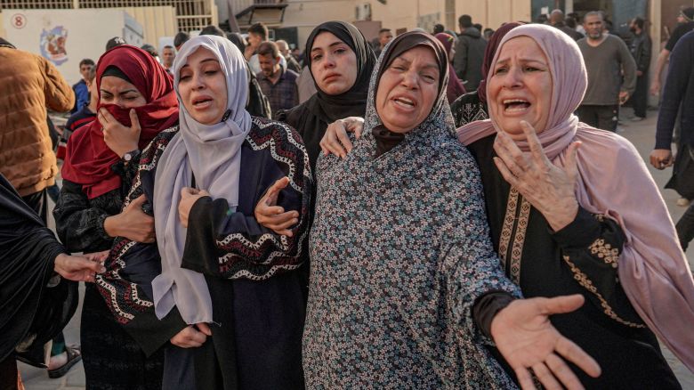 Palestinians mourn the death of loved ones following Israeli bombardment in Maghazi in the central Gaza Strip, on April 16, 2024, amid ongoing battles between Israel and the Palestinian militant group Hamas. (Photo by AFP)