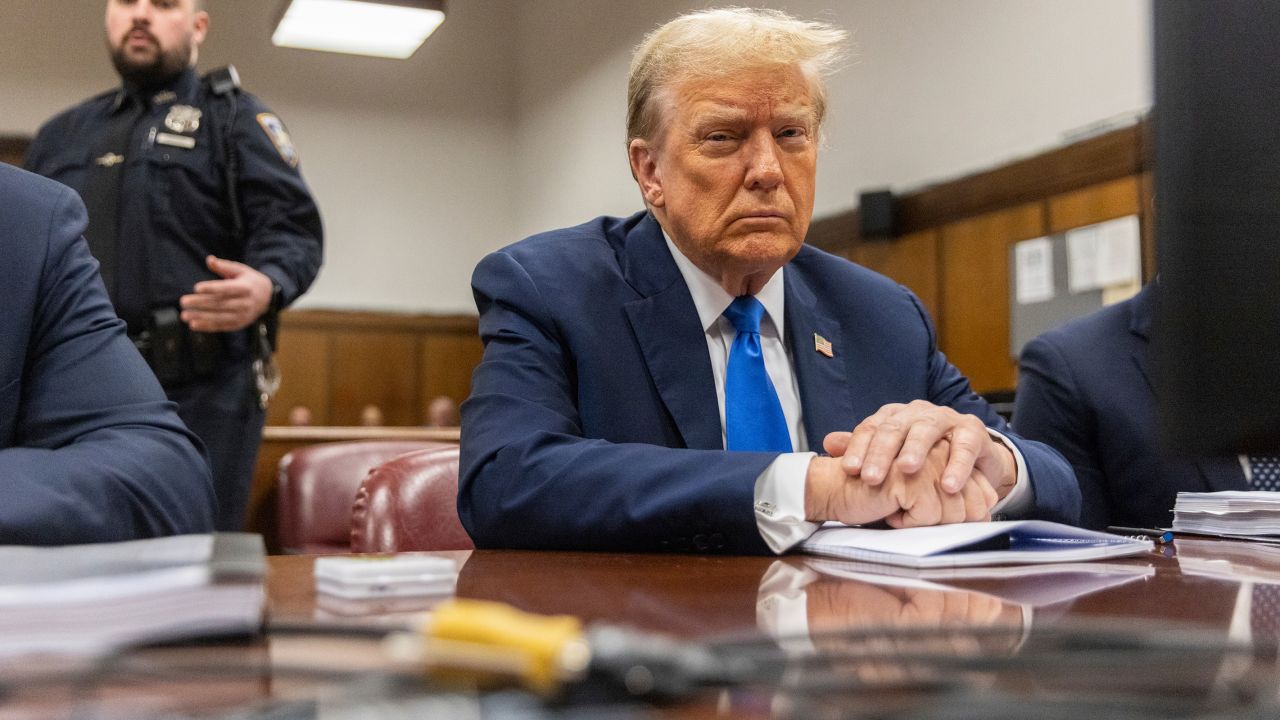 Former President Donald Trump awaits the start of proceedings during jury selection at Manhattan criminal court on Thursday, April 18, in New York. 