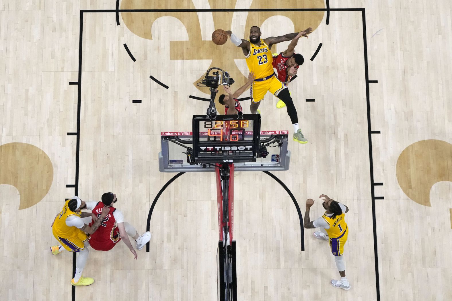 Los Angeles Lakers forward LeBron James shoots during a game agains the New Orleans Pelicans in New Orleans on Tuesday, April 16.