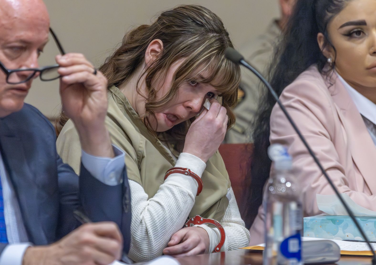 Rust armorer Hannah Gutierrez Reed wipes her tears during her sentencing in Santa Fe, New Mexico, on Monday, April 15. Gutierrez Reed, who was <a href="index.php?page=&url=https%3A%2F%2Fwww.cnn.com%2F2024%2F03%2F06%2Fentertainment%2Frust-trial-hannah-gutierrez-reed%2Findex.html" target="_blank">found guilty of involuntary manslaughter</a> last month for the 2021 on-set fatal shooting of <a href="index.php?page=&url=https%3A%2F%2Fwww.cnn.com%2F2023%2F01%2F19%2Fentertainment%2Fhalyna-hutchins-remembered%2Findex.html" target="_blank">cinematographer Halyna Hutchins</a>, was <a href="index.php?page=&url=https%3A%2F%2Fwww.cnn.com%2F2024%2F04%2F15%2Fentertainment%2Frust-film-shooting-armorer-sentencing%2Findex.html" target="_blank">sentenced to 18 months in prison</a>, the maximum possible punishment.
