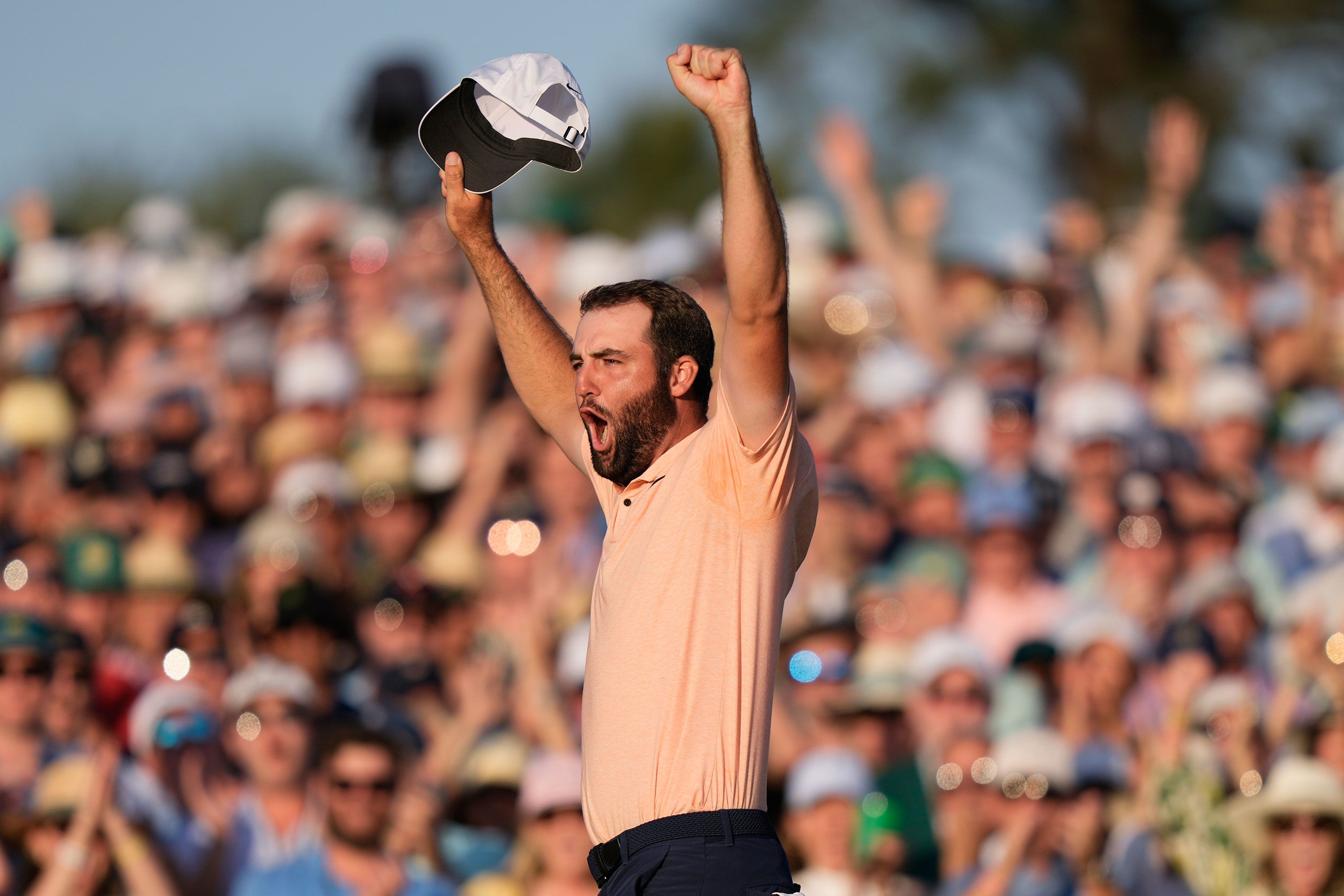 American golfer Scottie Scheffler celebrates after winning the Masters tournament