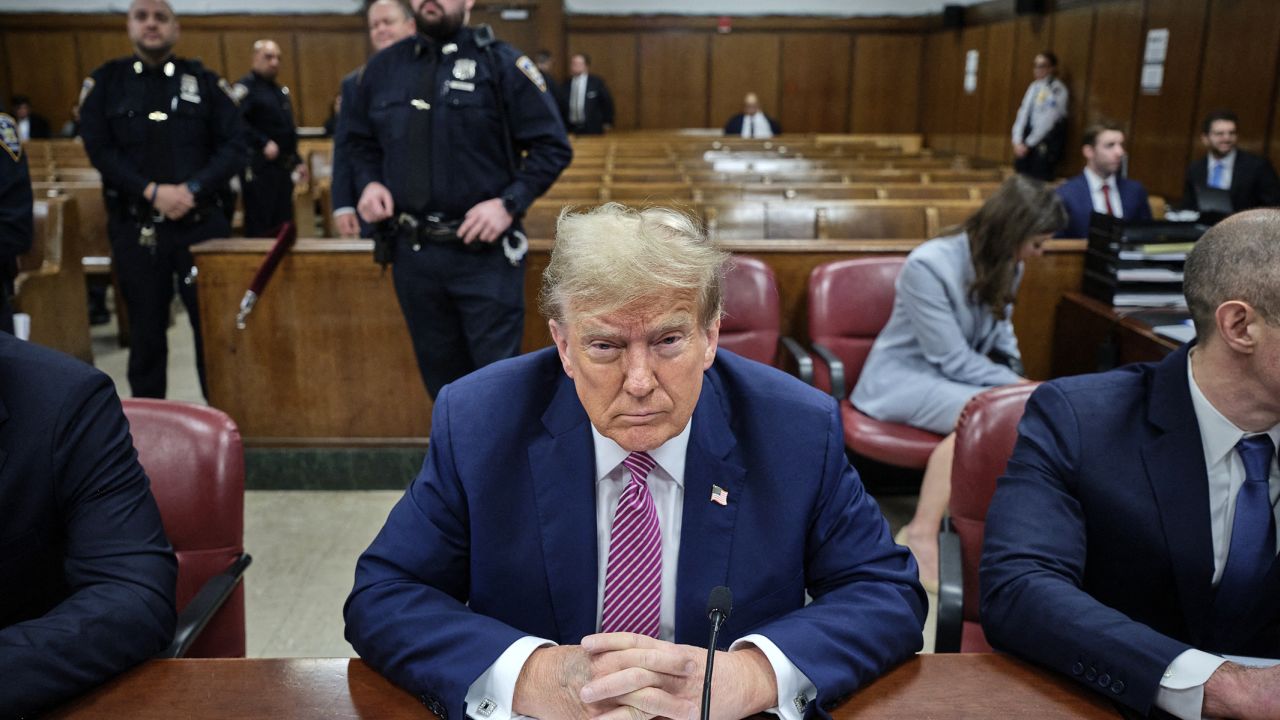 Former US President Donald Trump attends his trial for allegedly covering up hush money payments linked to extramarital affairs, at Manhattan Criminal Court in New York City on April 19, 2024. A panel of 12 jurors was sworn in on April 18, 2024, for the unprecedented criminal trial of a former US president.