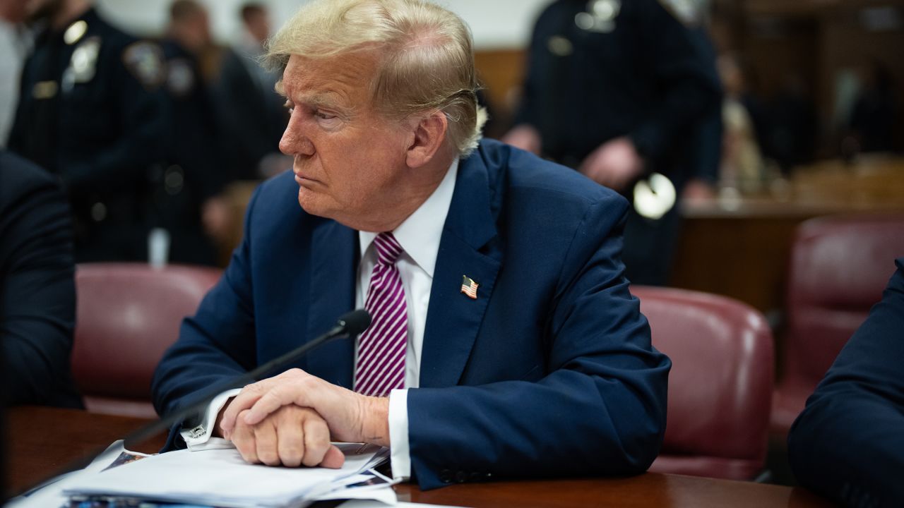 Former president and Republican presidential candidate Donald Trump sits in courtroom during his criminal trial at Manhattan Criminal Court on April 19 in New York City.