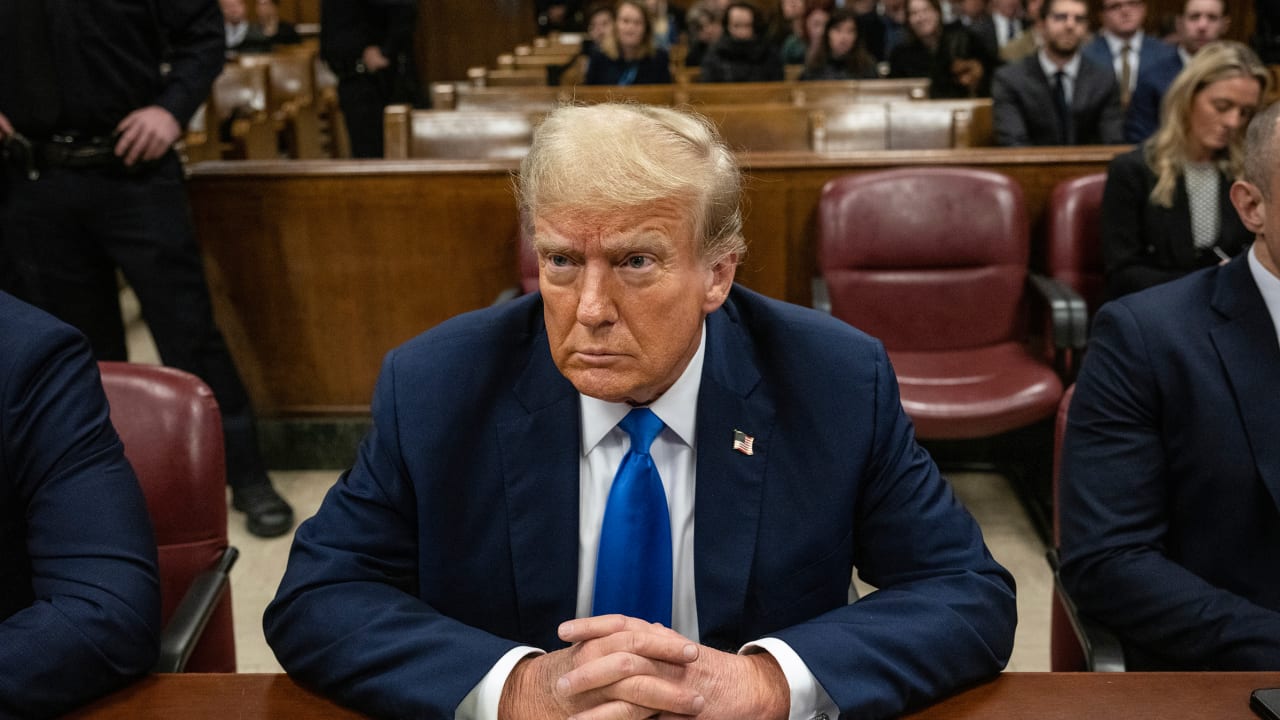 Former President Donald Trump sits in court for his trial for allegedly covering up hush money payments at Manhattan Criminal Court on April 22 in New York City.