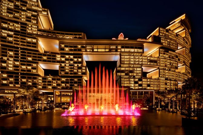 The Sky Blaze fountain combines 1,200 colored, choreographed lights with pyrotechnics and dancing water jets for a stunning hourly show. 
