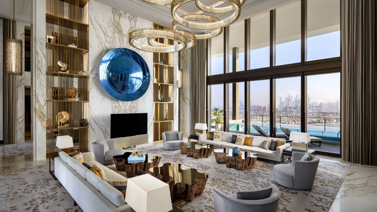 Atlantis, The Royal: The Royal Mansion -- an 11,840-square-foot (1,100-square-meter) four-bedroom, split-level suite -- at Atlantis, The Royal, is the most expensive hotel room in Dubai, with price-on-request starting from around $100,000 per night.