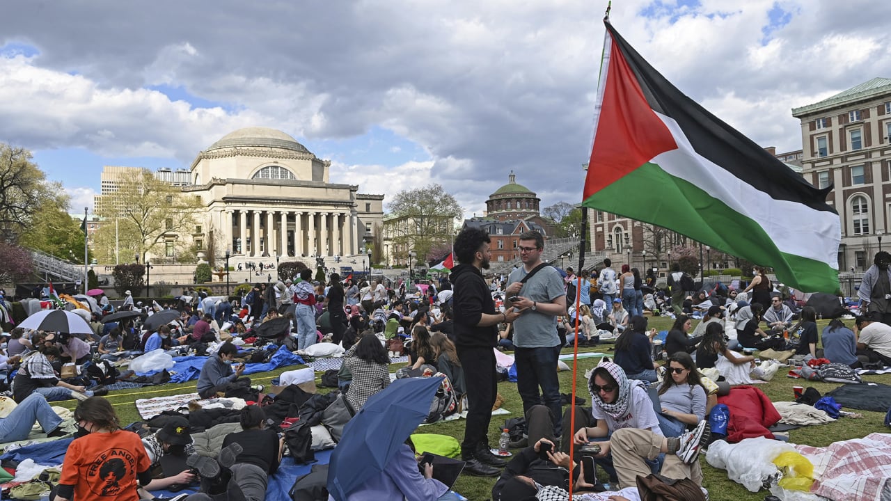 Photo by: Andrea Renault/STAR MAX/IPx 2024 4/20/24 Columbia University students continue to protest and show their support of the Palestinian / Gaza cause on the main quad of the campus while drawing additional supporters on the streets just outside the gates. The area on the grounds has an area for signs, congregation for speaking, and for prayer.