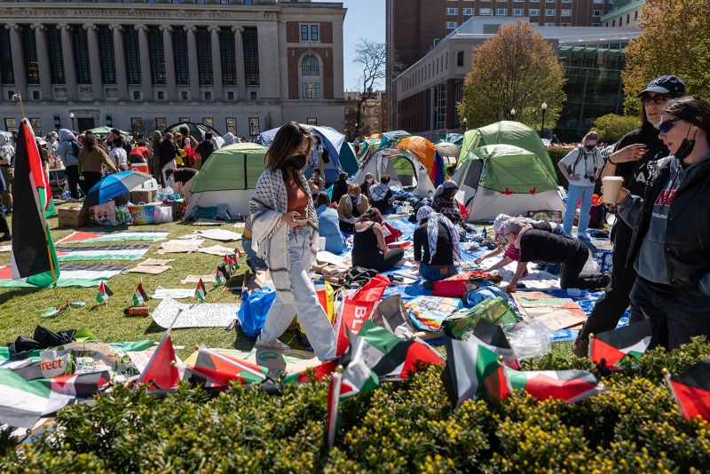 Pro-Palestinian supporters set up a protest encampment on the campus of Columbia University on April 22, 2024 in New York City. All classes at Columbia University have been held virtually today after school President Minouche Shafik announced a shift to online learning in response to recent campus unrest. (Photo by Spencer Platt/Getty Images)