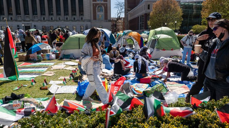Pro-Palestinian supporters set up a protest encampment on the campus of Columbia University on April 22, 2024 in New York City. All classes at Columbia University have been held virtually today after school President Minouche Shafik announced a shift to online learning in response to recent campus unrest. (Photo by Spencer Platt/Getty Images)