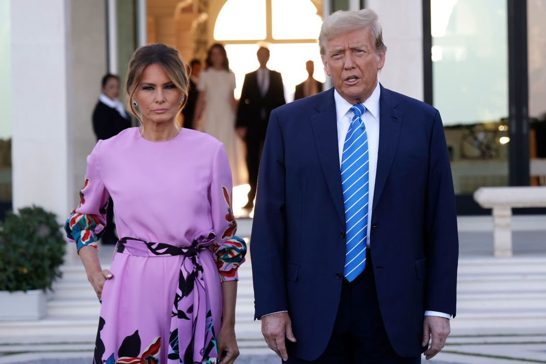 Former First Lady Melania Trump stands alongside her husband, former President Donald Trump at a fundraising event in Palm Beach, Florida on April 6, 2024.