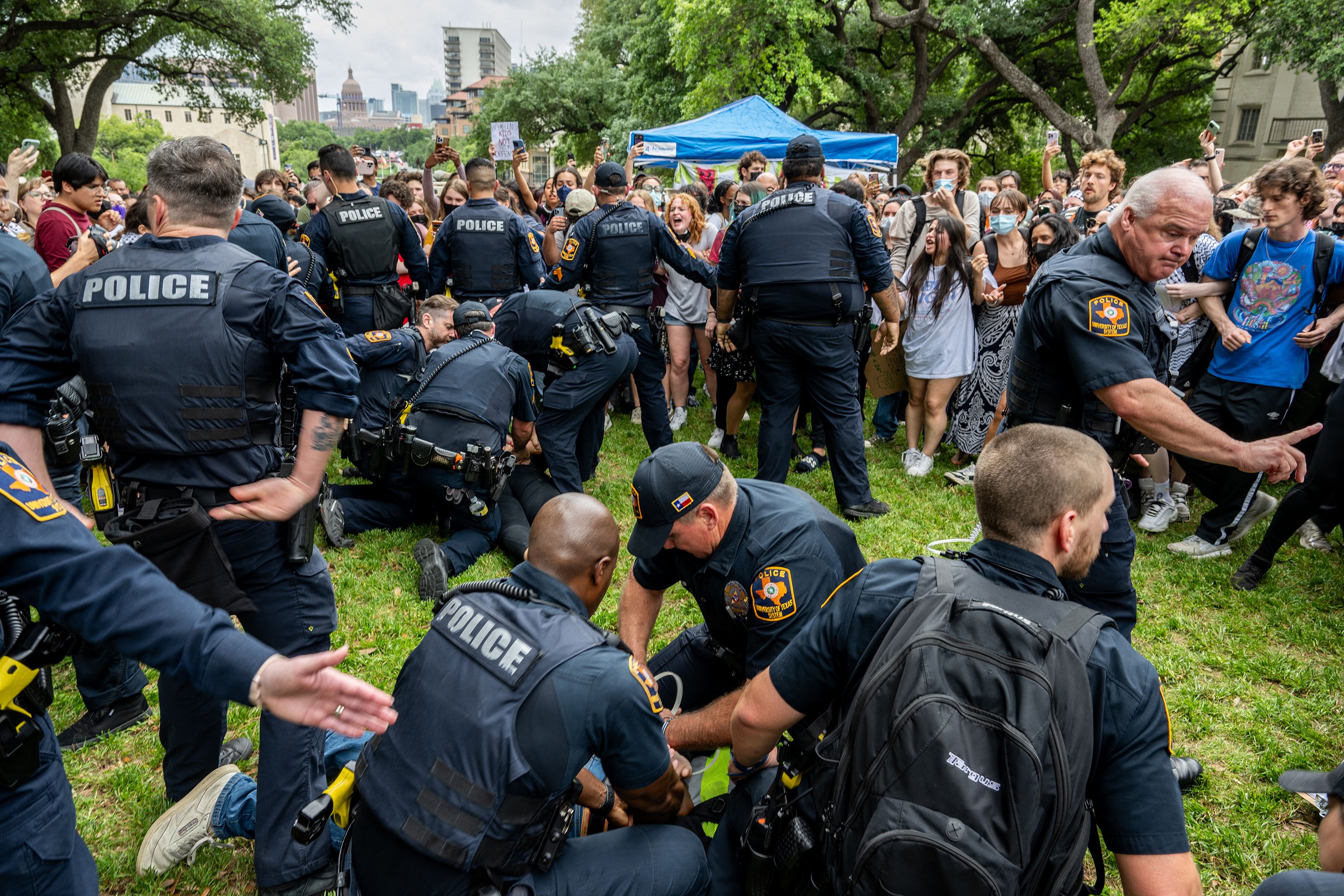 Students are arrested during the protest in Austin on April 24. <a href="https://www.cnn.com/business/live-news/columbia-usc-university-protests-04-25-24/h_fe6a015b9b48e0c63141f63de83c9726" target="_blank">There were dozens of arrests</a>. University police had warned students in an email that they faced more arrests if they didn't disperse from the site.