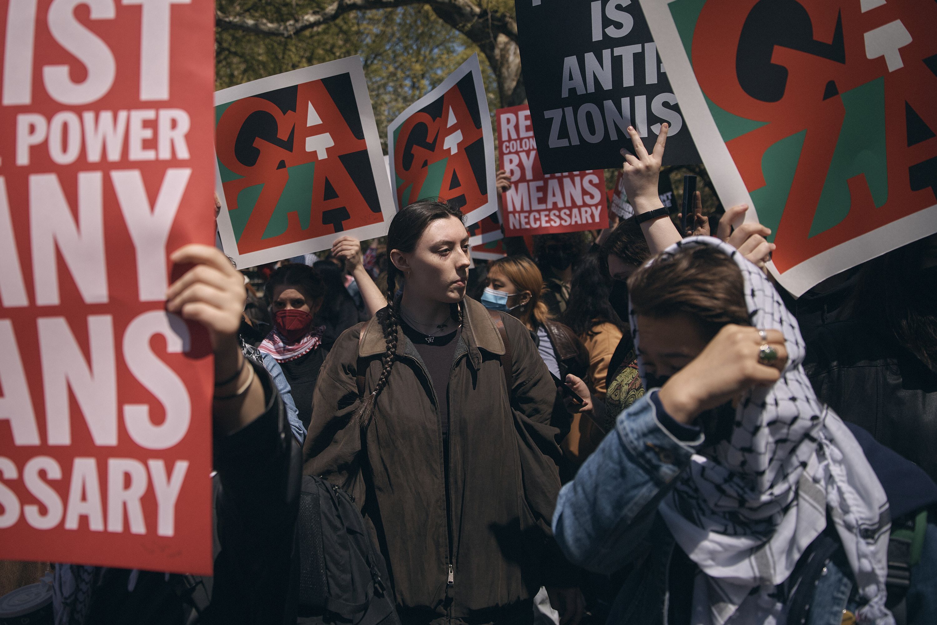 Students protest near New York University on April 23.