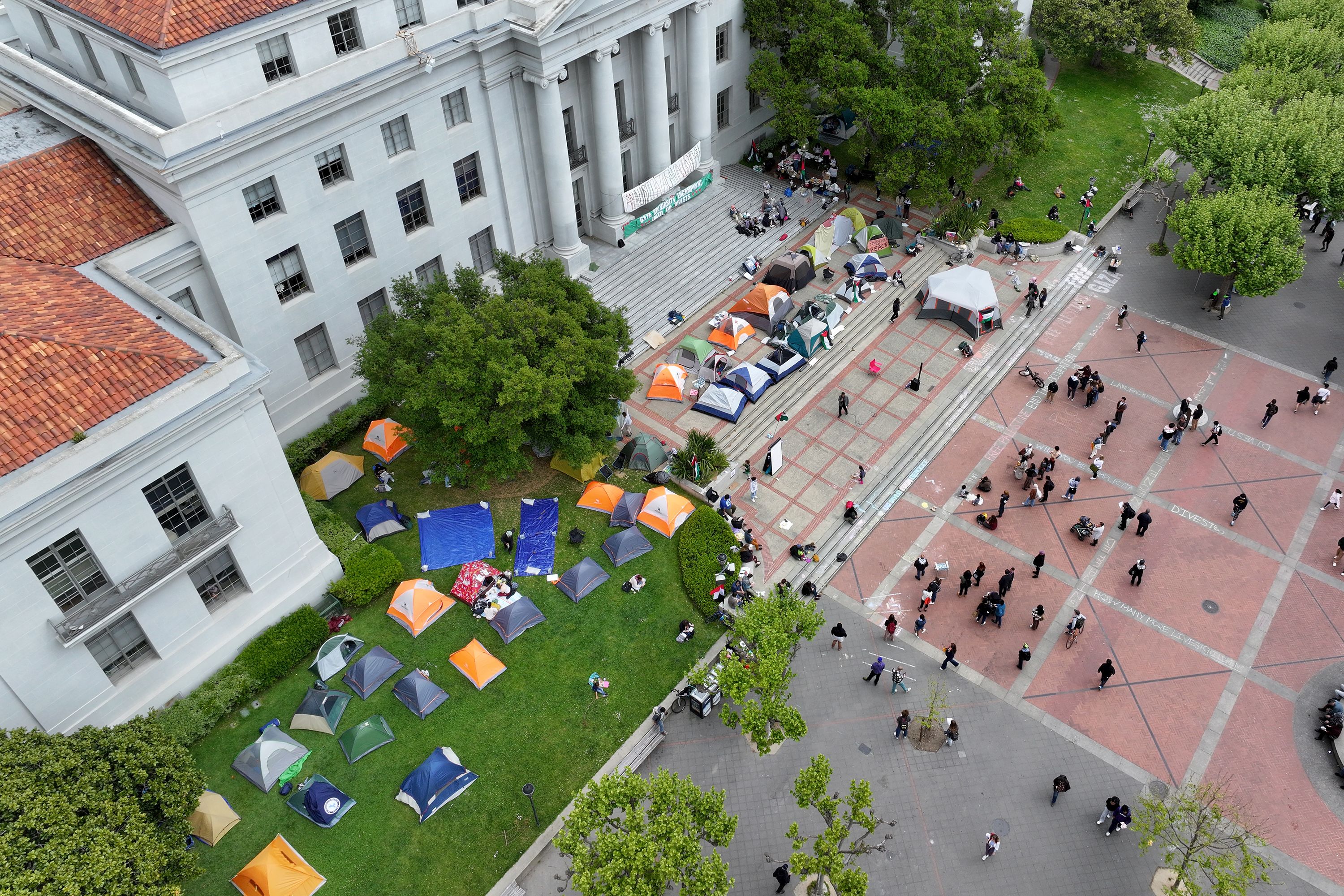 Students at the University of California, Berkeley, set up an encampment at Sproul Hall on April 23.