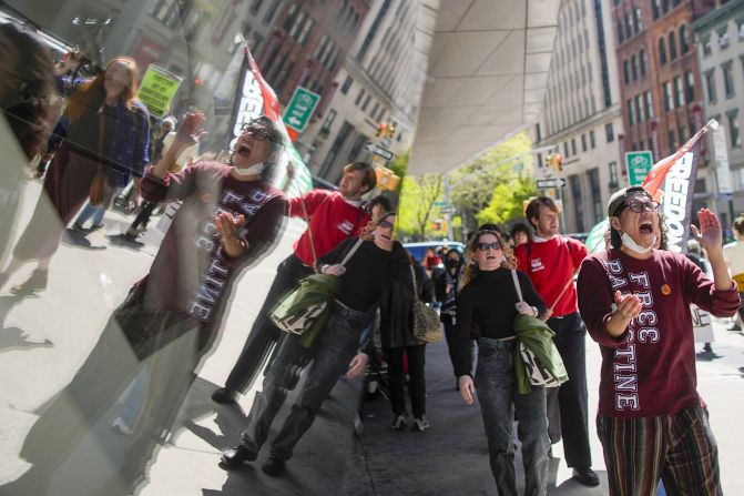 Students and pro-Palestinian supporters rally at The New School in New York on April 22.