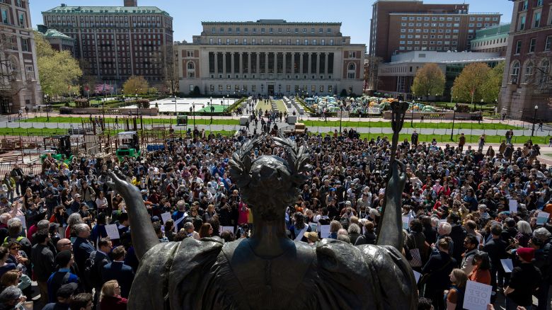 A pro-Palestine rally is held at the steps of Lowe Library on the grounds of Columbia University on April 22, 2024 in New York City. In response to recent campus unrest and anxieties regarding Jewish student safety, Columbia University President Minouche Shafik announced a shift to online learning for Monday. She further urged faculty and staff to prioritize remote work.