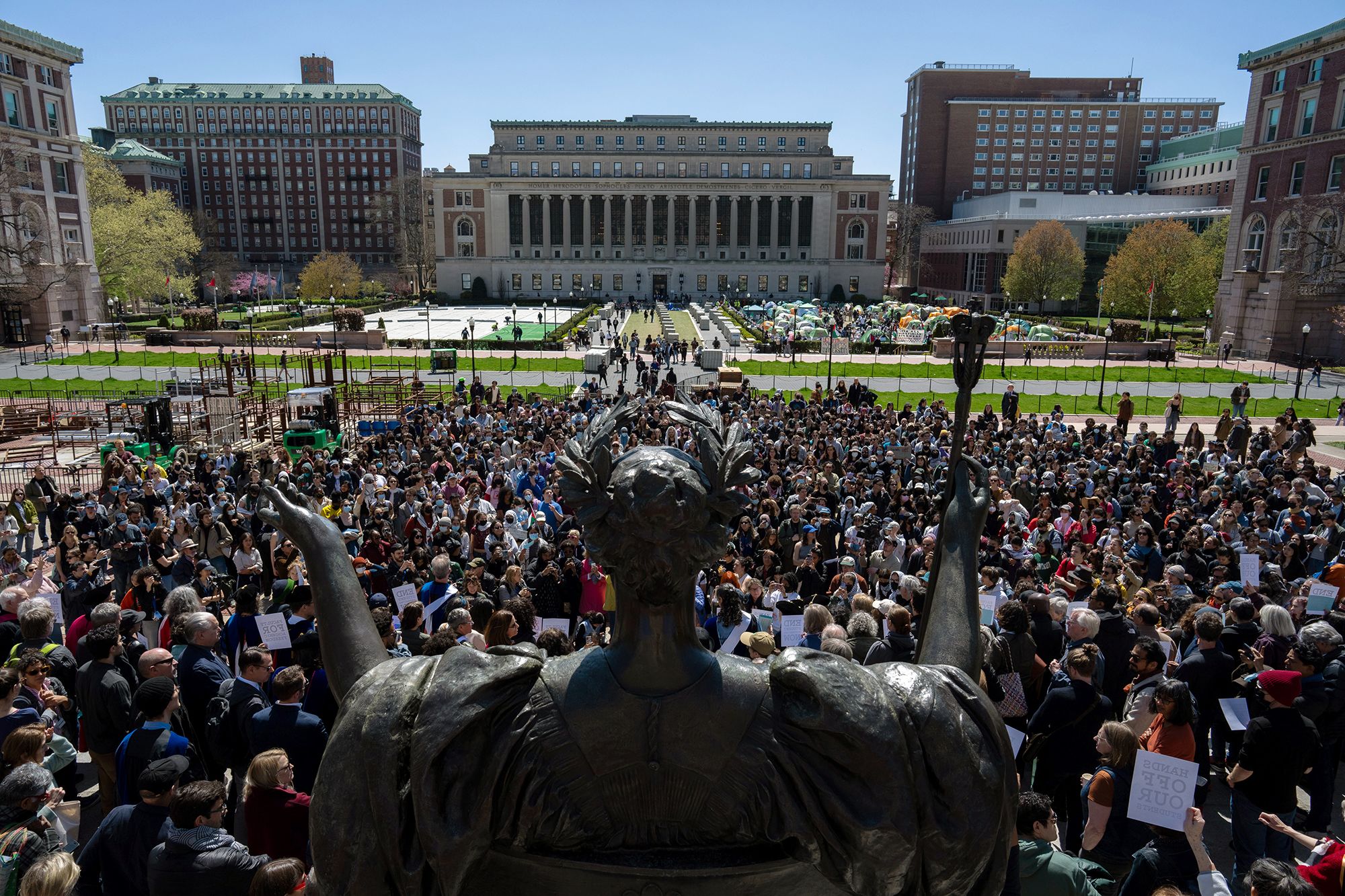 A pro-Palestinian protest is held at the steps of Columbia's Lowe Library on April 22.