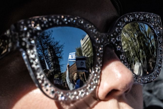 Israeli flags are reflected in the sunglasses of a demonstrator in front of Columbia University on April 22.
