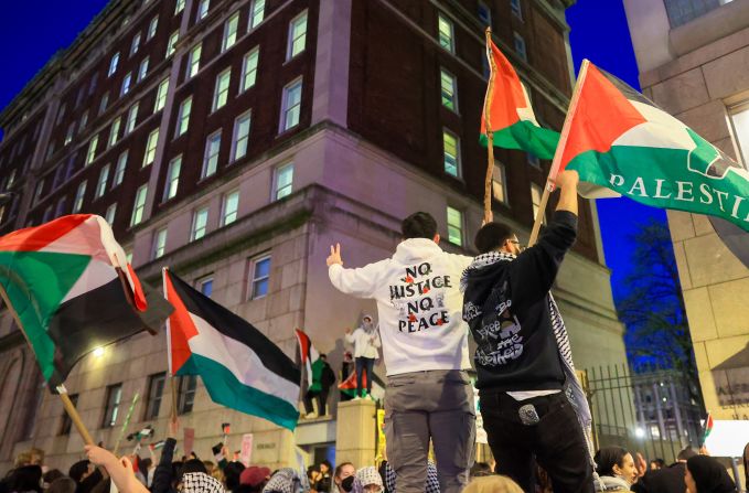 Pro-Palestinian protesters gather outside a Columbia building on April 20.