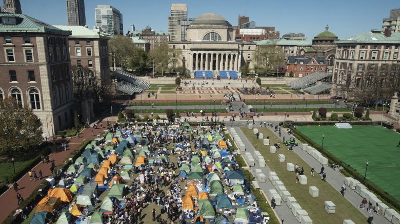 Pro-Palestinian protesters camp on a lawn at Columbia University in New York on Monday, April 22, 2024. After the police cleared tents on Thursday, students rebuilt the encampment and made it bigger. (C.S. Muncy/The New York Times)