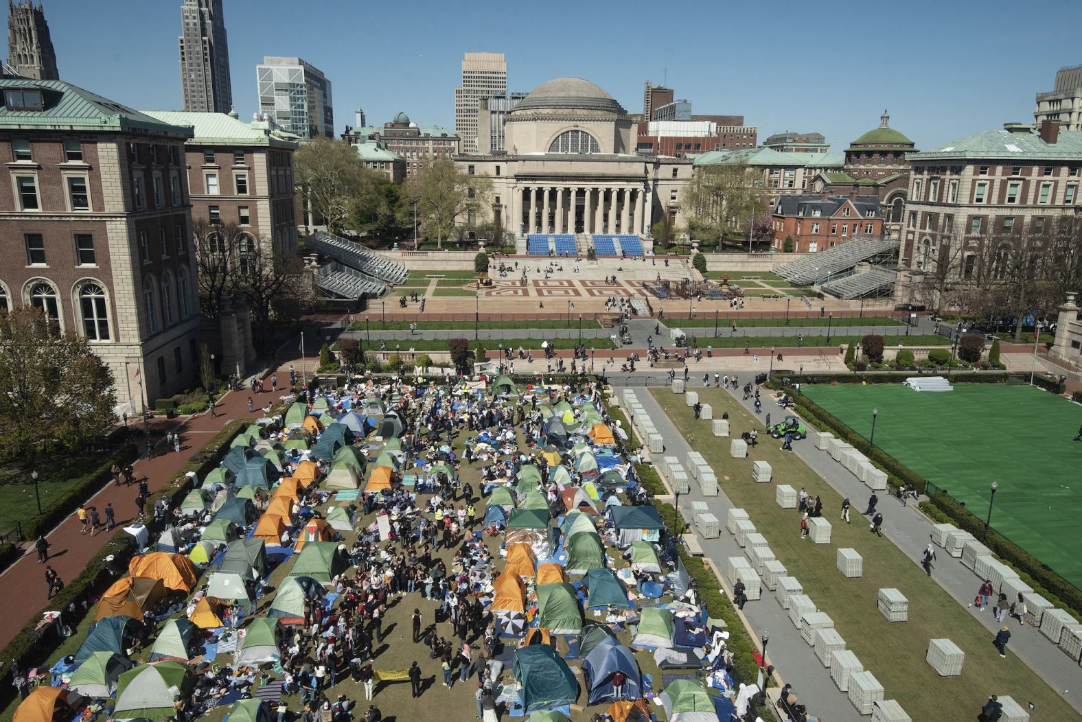 Pro-Palestinian protesters camp on a lawn at Columbia University in New York on Monday, April 22.