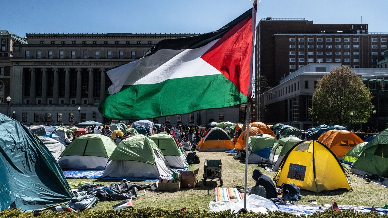 Columbia University students participate in an ongoing pro-Palestinian encampment on their campus following last week's arrest of more than 100 protesters on April 25, 2024 in New York City. In a growing number of college campuses throughout the country, student protesters are setting up tent encampments on school grounds to call for a ceasefire in Gaza and for their schools to divest from Israeli companies. (Photo by Stephanie Keith/Getty Images)