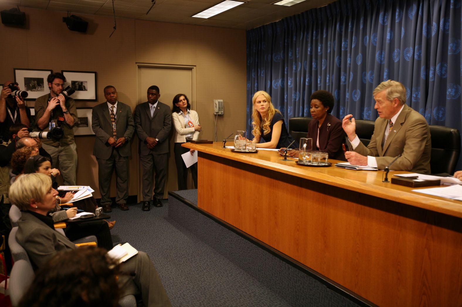Kidman joins Asha-Rose Migiro, deputy secretary-general of the United Nations, and Tim Worth, president of the UN Foundation, at a news conference in New York in 2008. Kidman, acting as a goodwill ambassador for the United Nations Development Fund for Women, encouraged the signing of an online petition to support the elimination of violence against women.