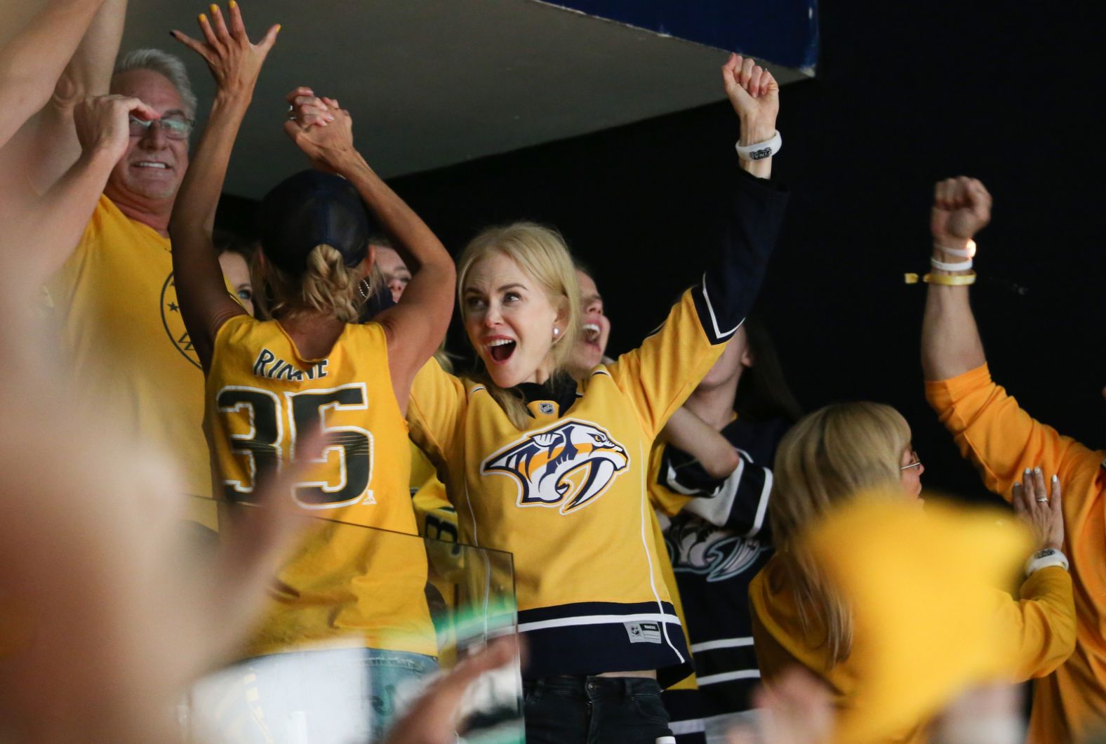 Kidman cheers on the NHL's Nashville Predators during a Stanley Cup Final game in 2017.