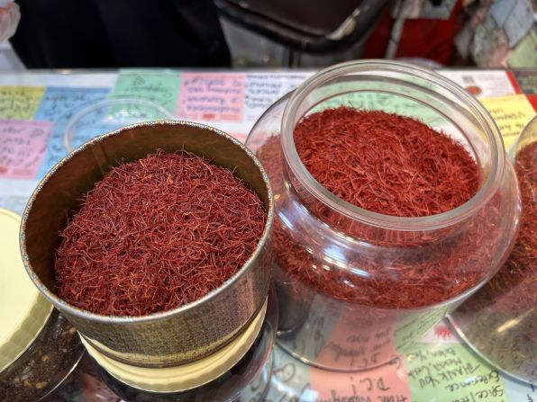 One of the most popular spices here is saffron, the world's most expensive spice. If you're buying it at the market, make sure you get the real deal: the saffron on the left is fake, which can be identified easily by rubbing a strand with iodine to see if the red color comes off (real saffron retains its color).