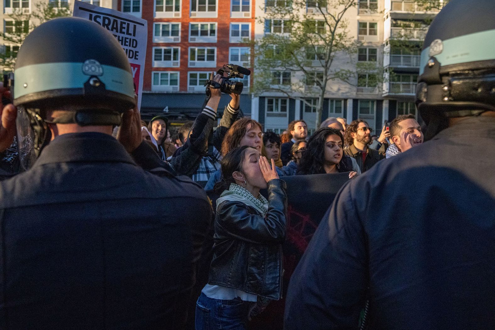 Students and pro-Palestinian supporters occupy a plaza at New York University on April 26.