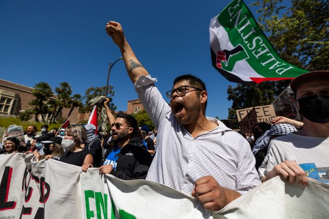 Pro-Palestinian students and activists participate in a demonstration at UCLA on April 28.