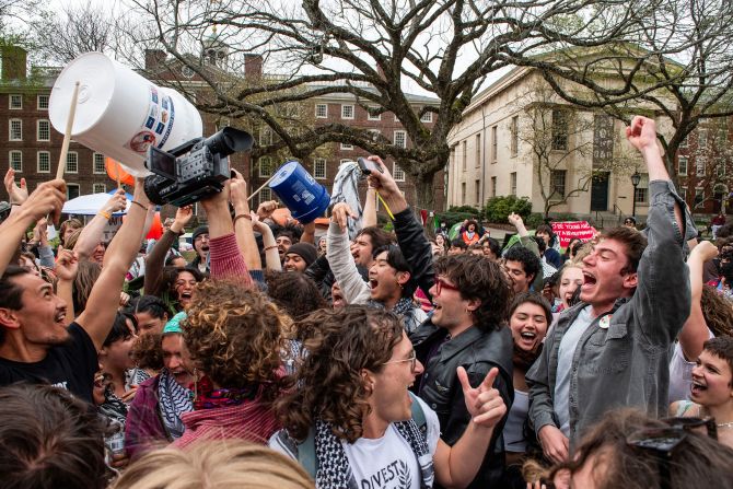 Protesters at Brown University celebrate April 30 after <a href="index.php?page=&url=https%3A%2F%2Fwww.cnn.com%2Fbusiness%2Flive-news%2Funiversity-protests-palestine-04-30-24%2Fh_3bb2b501b25fc2ee950c56e48debdf99" target="_blank">reaching a deal with the administration</a> to end their encampment in Providence, Rhode Island. The university agreed to hold a vote on divestment from companies that support Israel, according to the protest group.