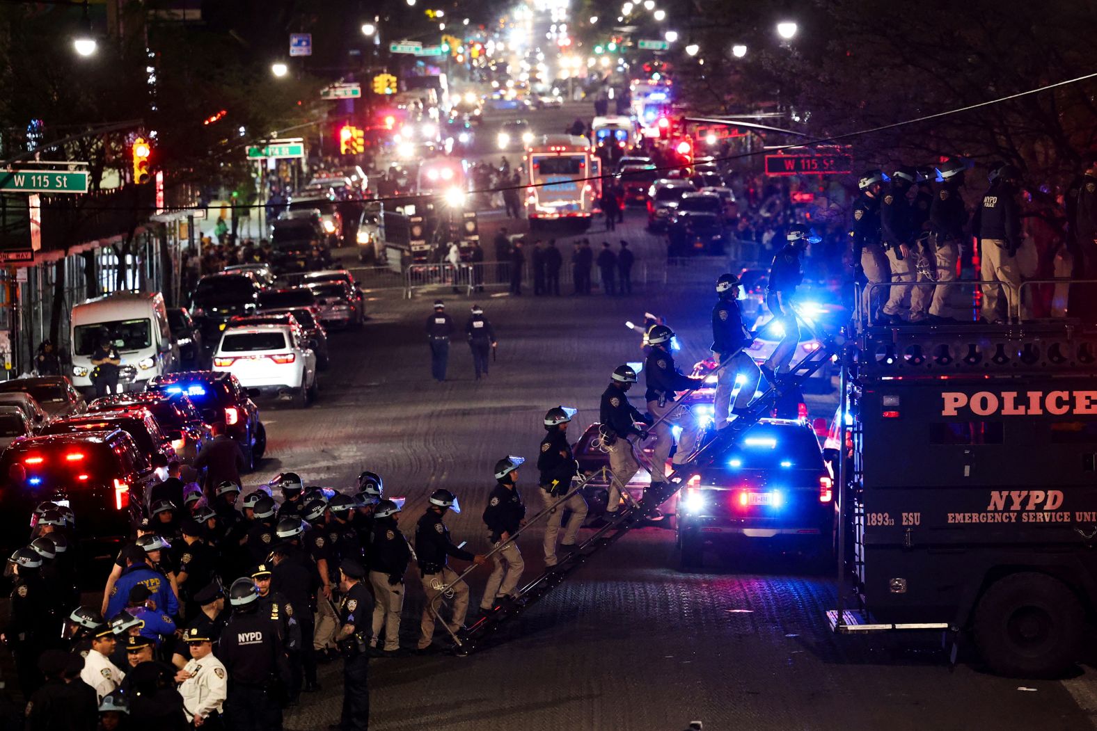 Police use a vehicle named "the bear" to enter Hamilton Hall, which was occupied by protesters at Columbia University in New York on Tuesday, April 30. <a href="https://www.cnn.com/business/live-news/university-protests-gaza-05-01-24/h_28d55f5a4f3d6c20994c8ba6091b2f1a" target="_blank">About 300 protesters were arrested</a>, according to the NYPD.