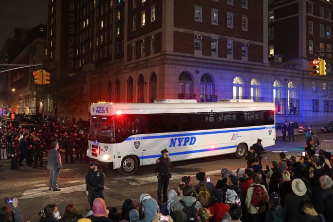 An NYPD bus transports arrested demonstrators at Columbia on April 30.