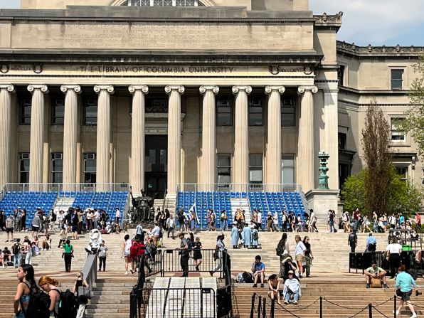 Demonstrators march past Low Library while chanting "Free Palestine" on Columbia's campus on April 29.