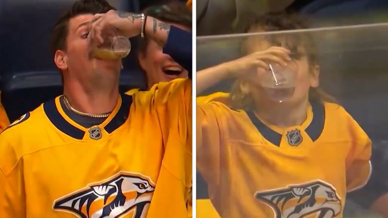 See how daughter upstaged dad’s beer chugging on hockey jumbotron | CNN
