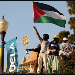 Pro-Palestinian protesters rally on Janss Steps on the UCLA campus on May 1, 2024.