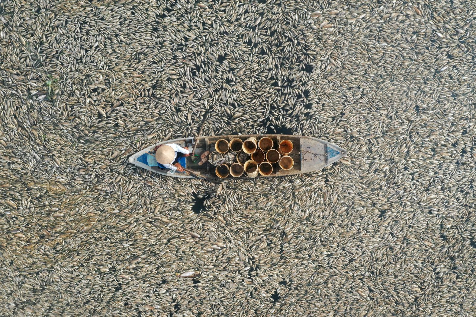 This aerial photo shows a fisherman collecting dead fish from the Song May reservoir in southern Vietnam's Dong Nai province on Tuesday, April 30. Fishermen have been working to wade through and collect the <a href="index.php?page=&url=https%3A%2F%2Fwww.cnn.com%2F2024%2F05%2F02%2Fclimate%2Fmass-fish-die-off-vietnam-intl-scli%2Findex.html" target="_blank">hundreds of thousands of dead fish</a> that have blanketed the reservoir amid a ferocious heatwave.