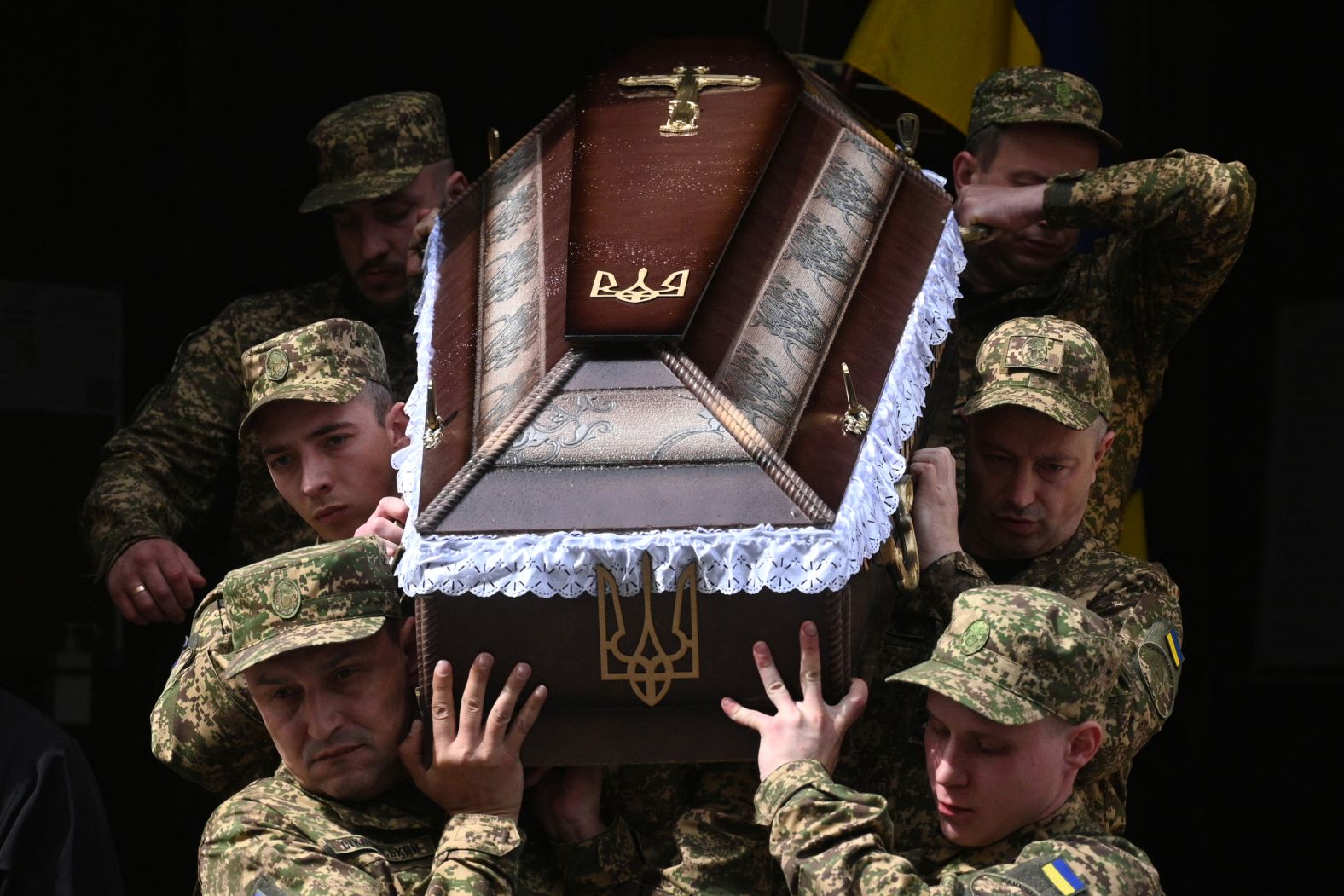 Ukrainian soldiers carry the coffin of serviceman Taras Osmyakevych at his funeral in Lviv, Ukraine, on Thursday, May 2. Osmyakevych was killed in action during the ongoing war with Russia.