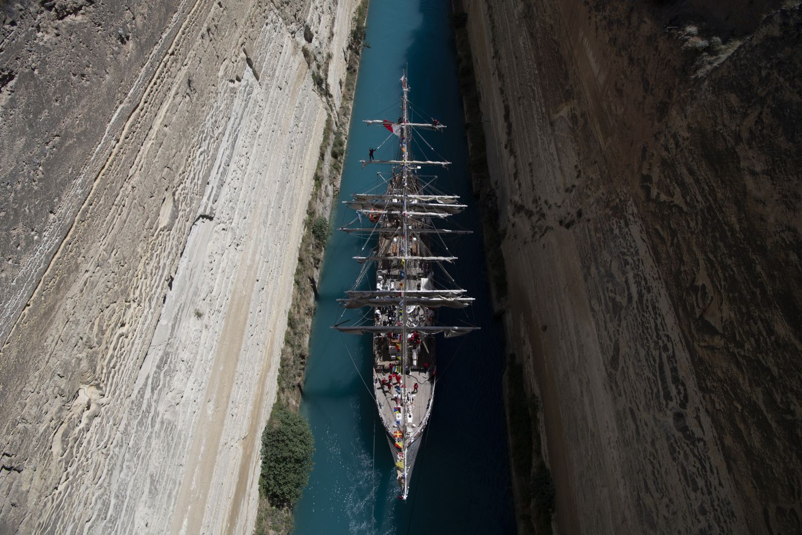 Belem, the three-masted sailing ship carrying the <a href="index.php?page=&url=https%3A%2F%2Fwww.cnn.com%2F2024%2F04%2F16%2Fsport%2Fparis-2024-olympic-flame-lit-spt-intl%2Findex.html" target="_blank">Olympic flame</a> to France, is towed through the Corinth Canal in Greece on Sunday, April 28. The Summer Games are being held in Paris this summer.