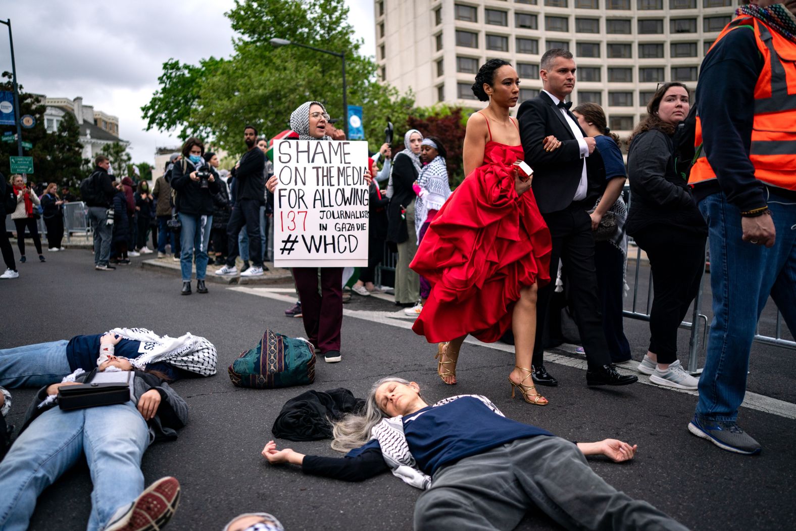 Pro-Palestinian protesters try to block arriving guests outside the Washington Hilton, the site of the annual White House Correspondents' Dinner, on Saturday, April 27. 