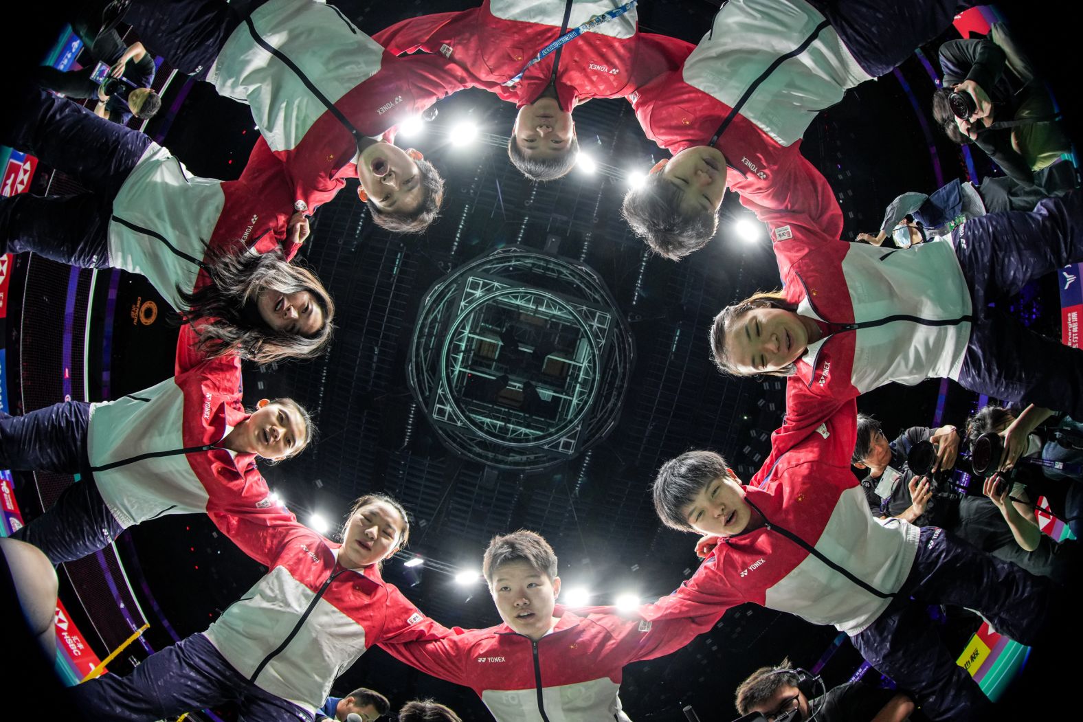 China's badminton team huddles before a match against India at the Thomas and Uber Cup Finals on Tuesday, April 30.